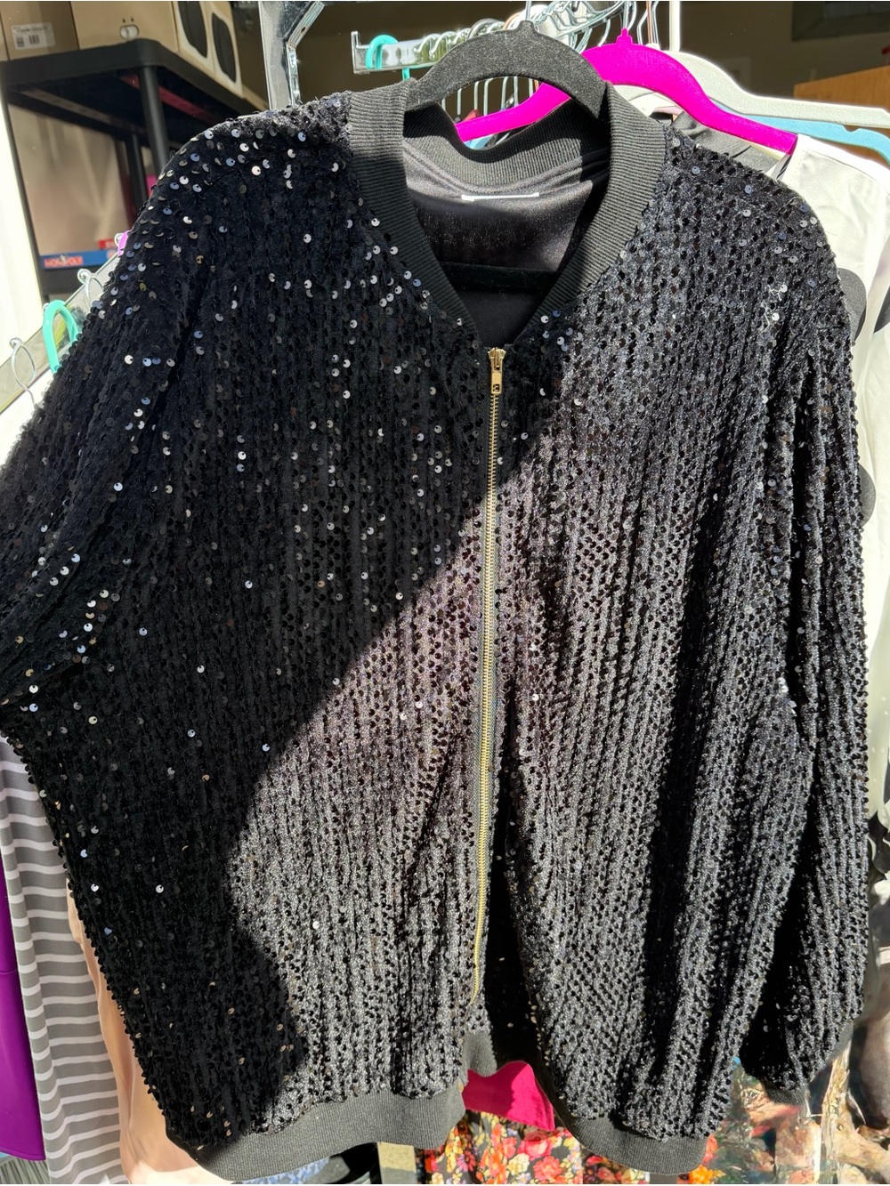Black Sequin Bomber Jacket - Women's Sparkle Coat